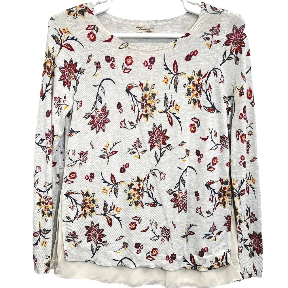 Lucky Brand‎ Floral Sweater Cream Long Sleeve Layered Hem Knit Top Womens L